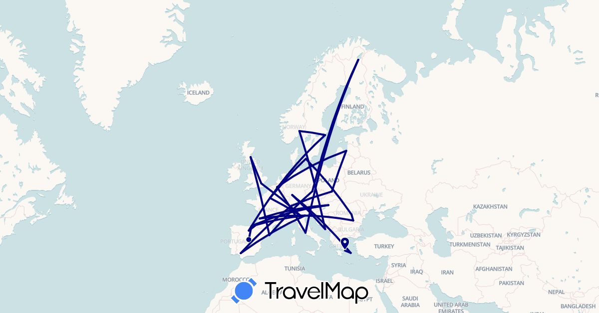 TravelMap itinerary: driving in Belgium, Switzerland, Czech Republic, Germany, Denmark, Spain, Finland, France, United Kingdom, Greece, Croatia, Hungary, Italy, Latvia, Norway, Poland, Romania, Sweden (Europe)